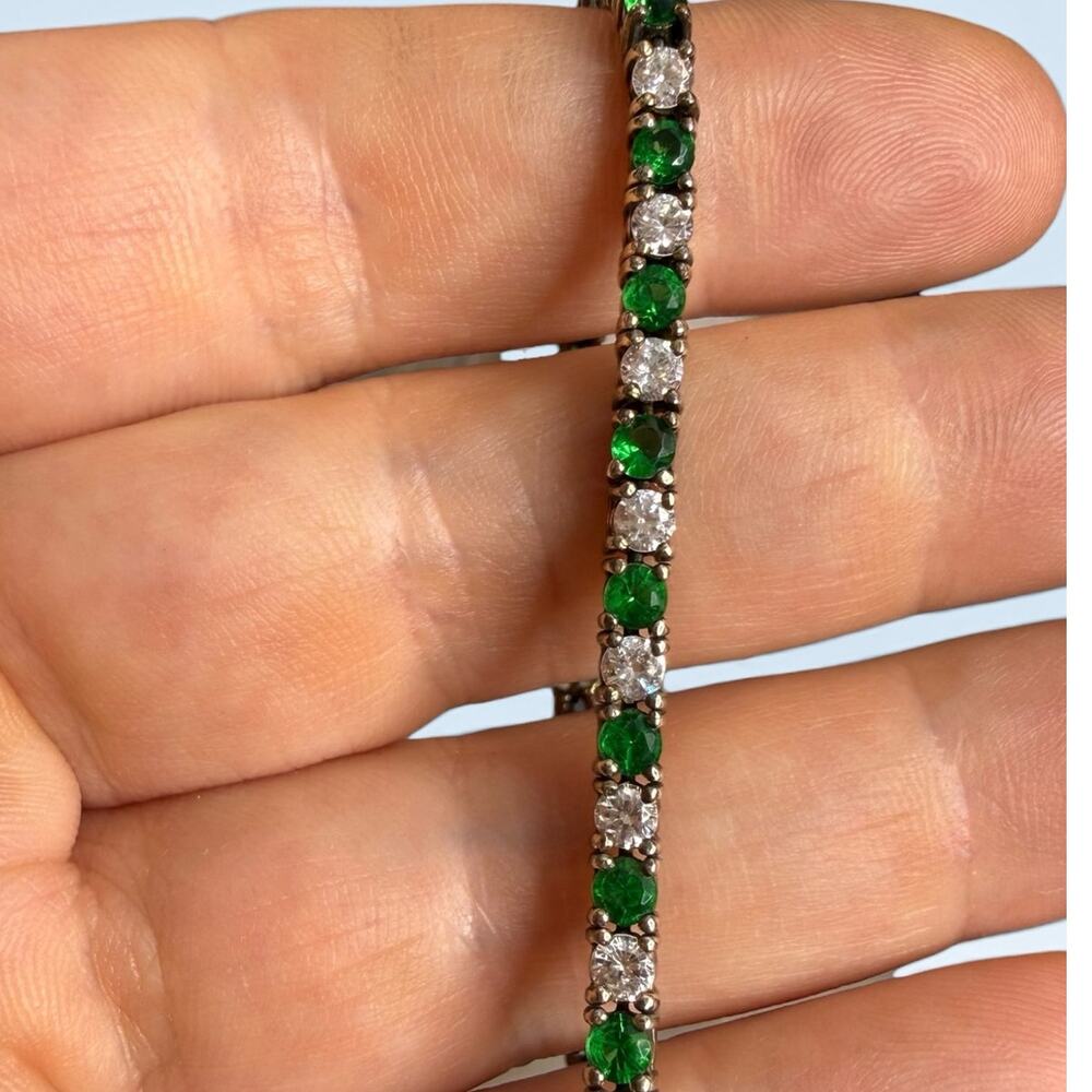 925 Sterling Silver Tennis Bracelet Green & Clear Round Stone 7,5” Box Clasp